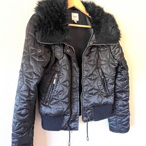 Candie's Black Quilted Bomber Jacket with Faux Fur